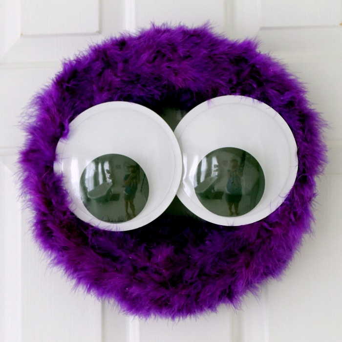 Furry purple monster for DIY Halloween wreath ideas.