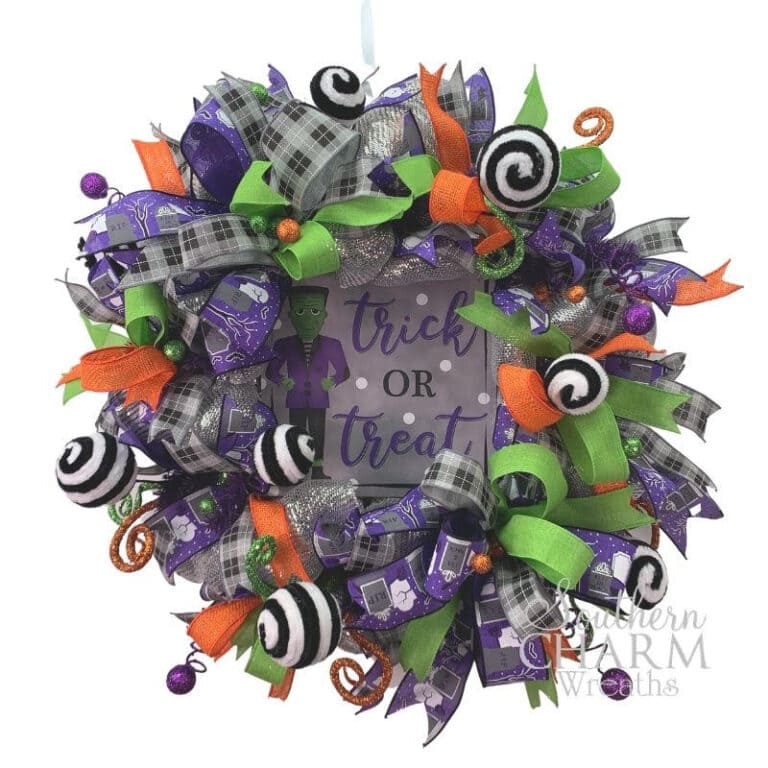 A deco mesh trick or treat design for Halloween wreath ideas