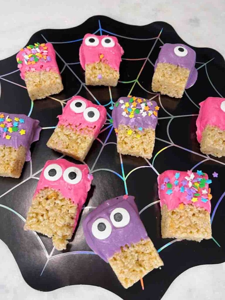 pink and purple decorated crisp rice cereal bars 