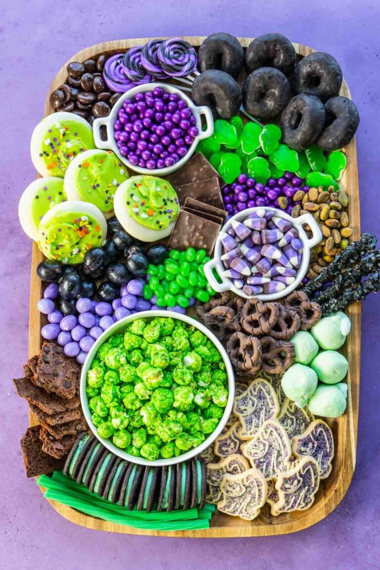bright green and purple witchy charcuterie