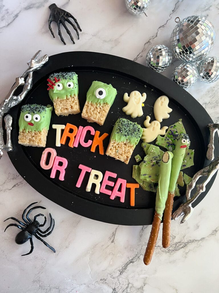 Trick or Treat chocolate letters aside green halloween homemade snacks.