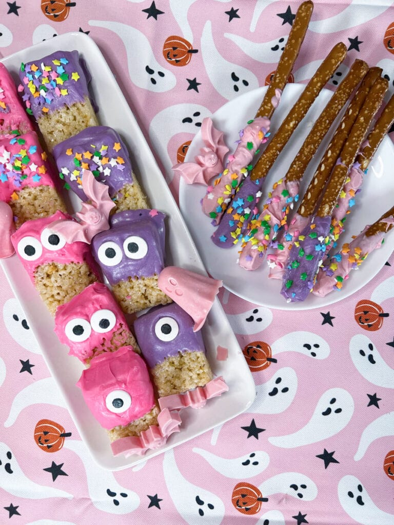 pastel pink and purple Halloween treats.