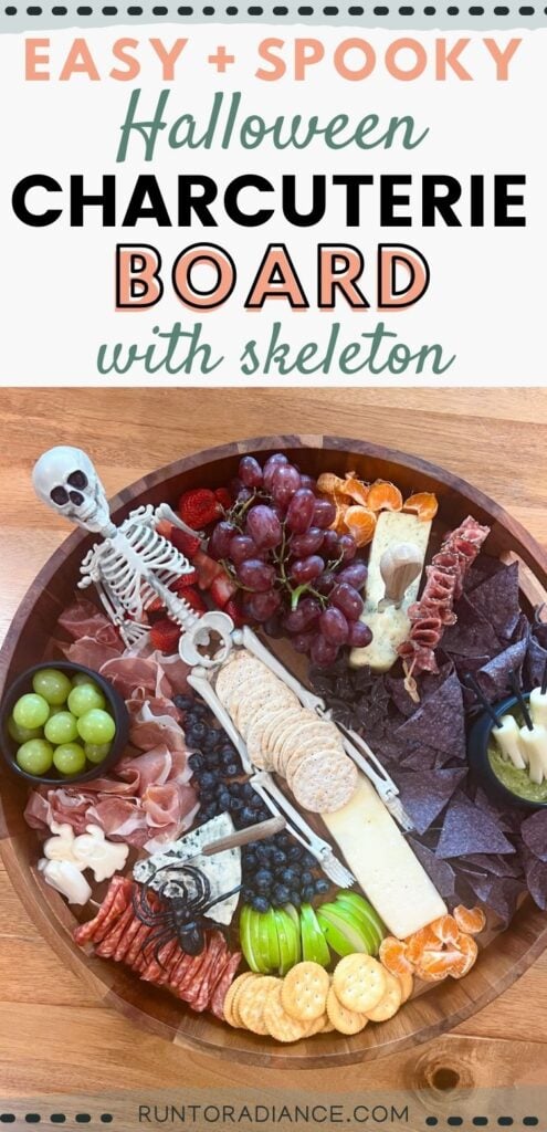easy + spooky Halloween charcuterie board with skeleton pin