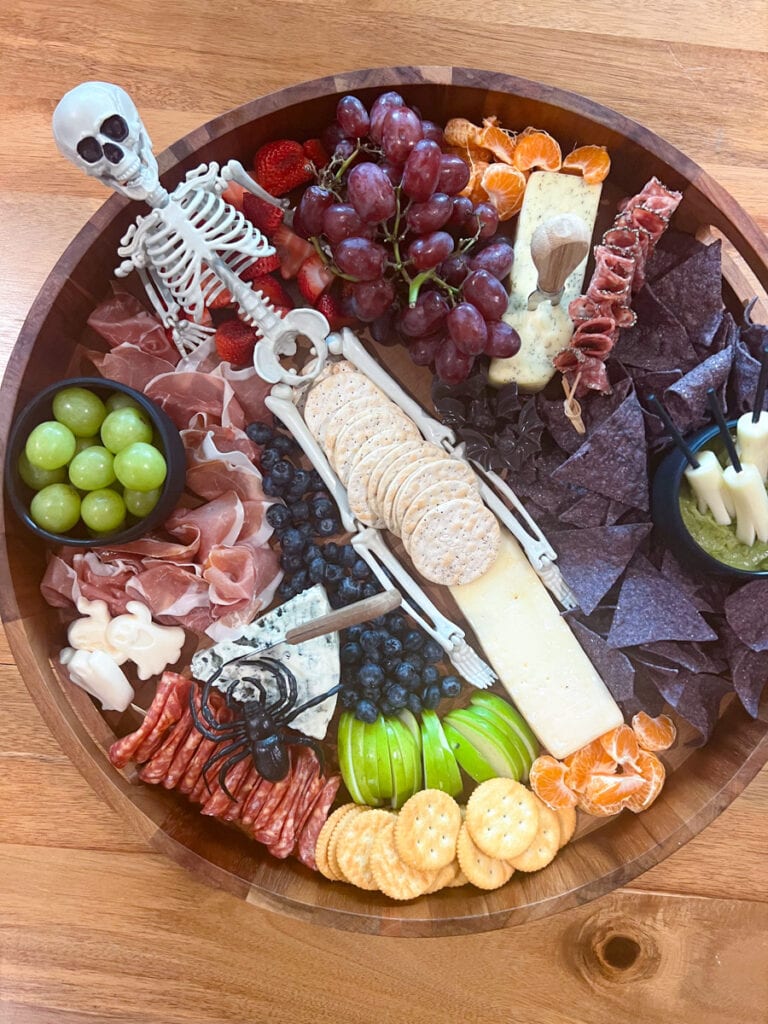 top view of a skeleton charcuterie board