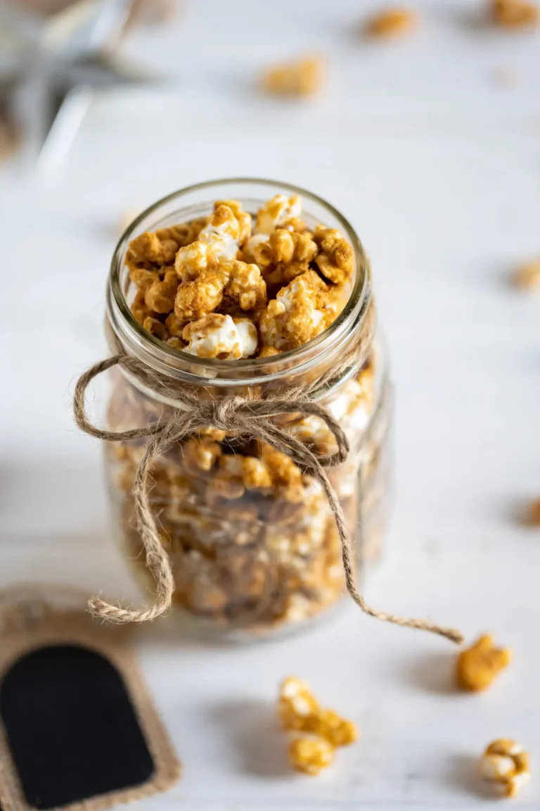 gingerbread caramel corn in a mason jar tied with twine
