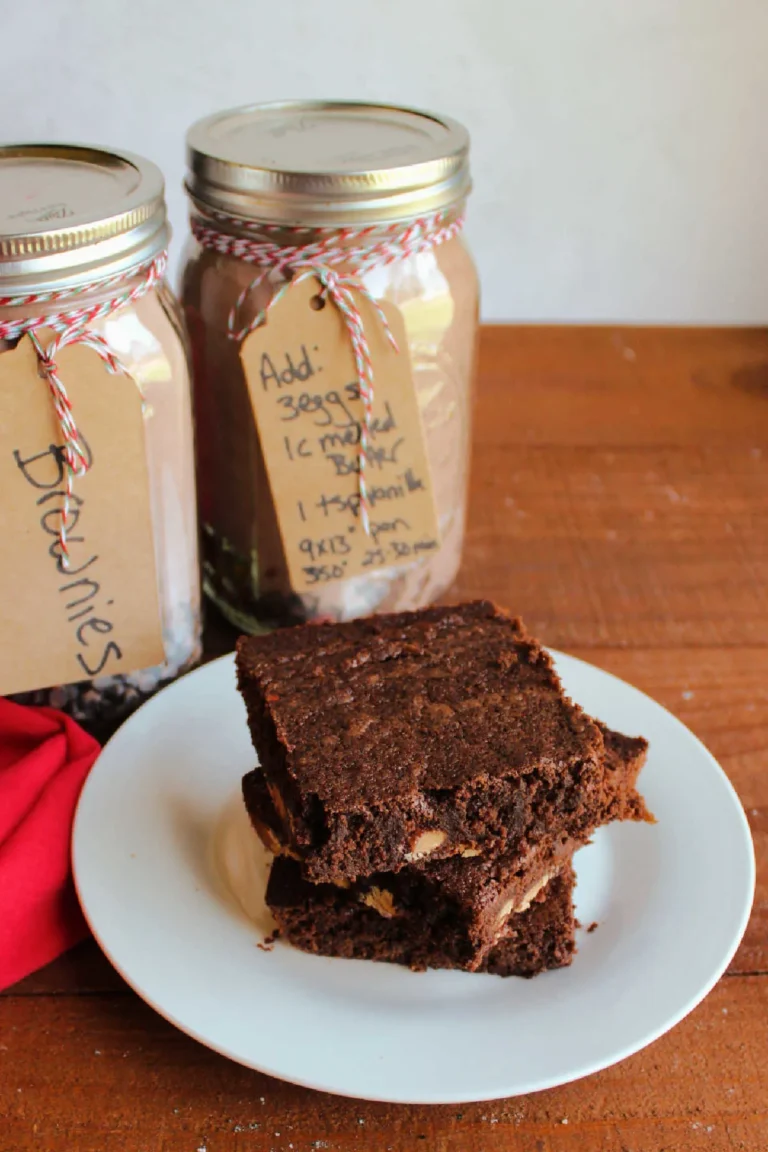 brownie mix in a jar with recipe for an easy DIY Christmas gift