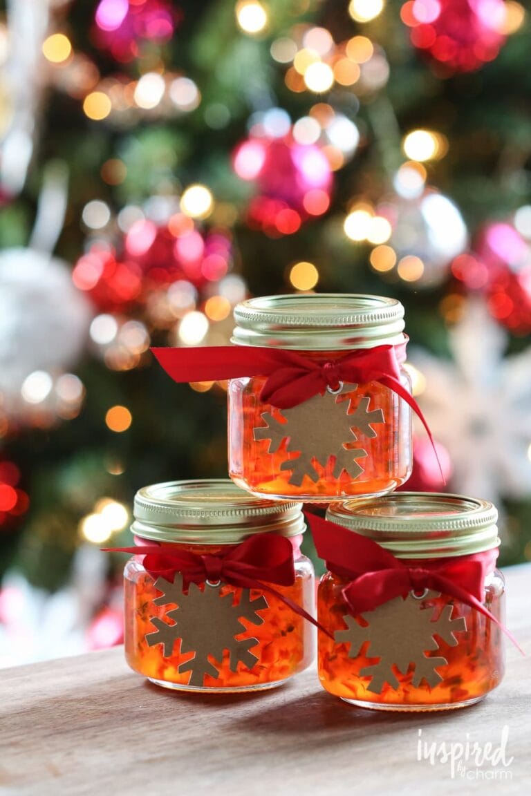 Red pepper jelly in cute mason jars with snowflake tag
