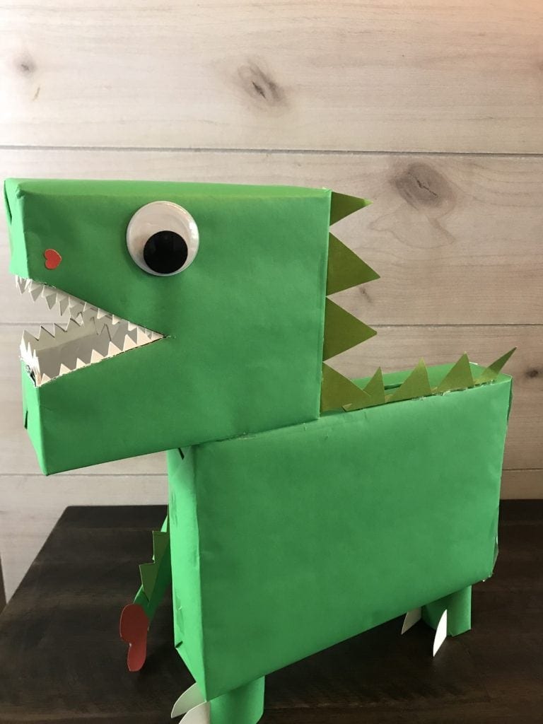 Valentine card box that looks like a dinosaur