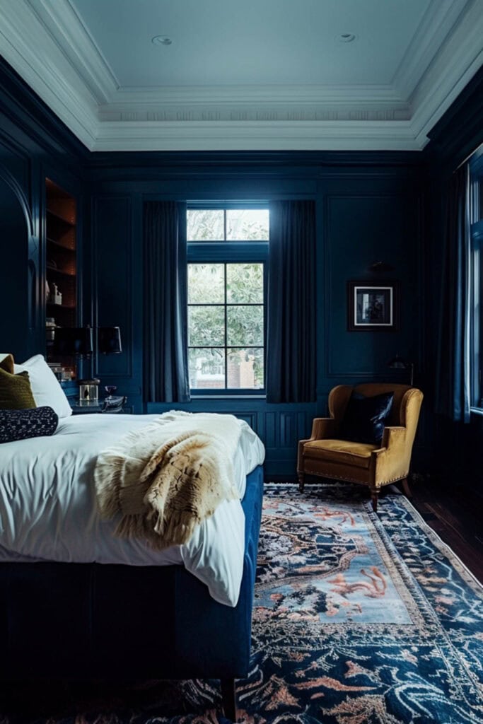 Black bedroom with painted paneling and white ceilings.