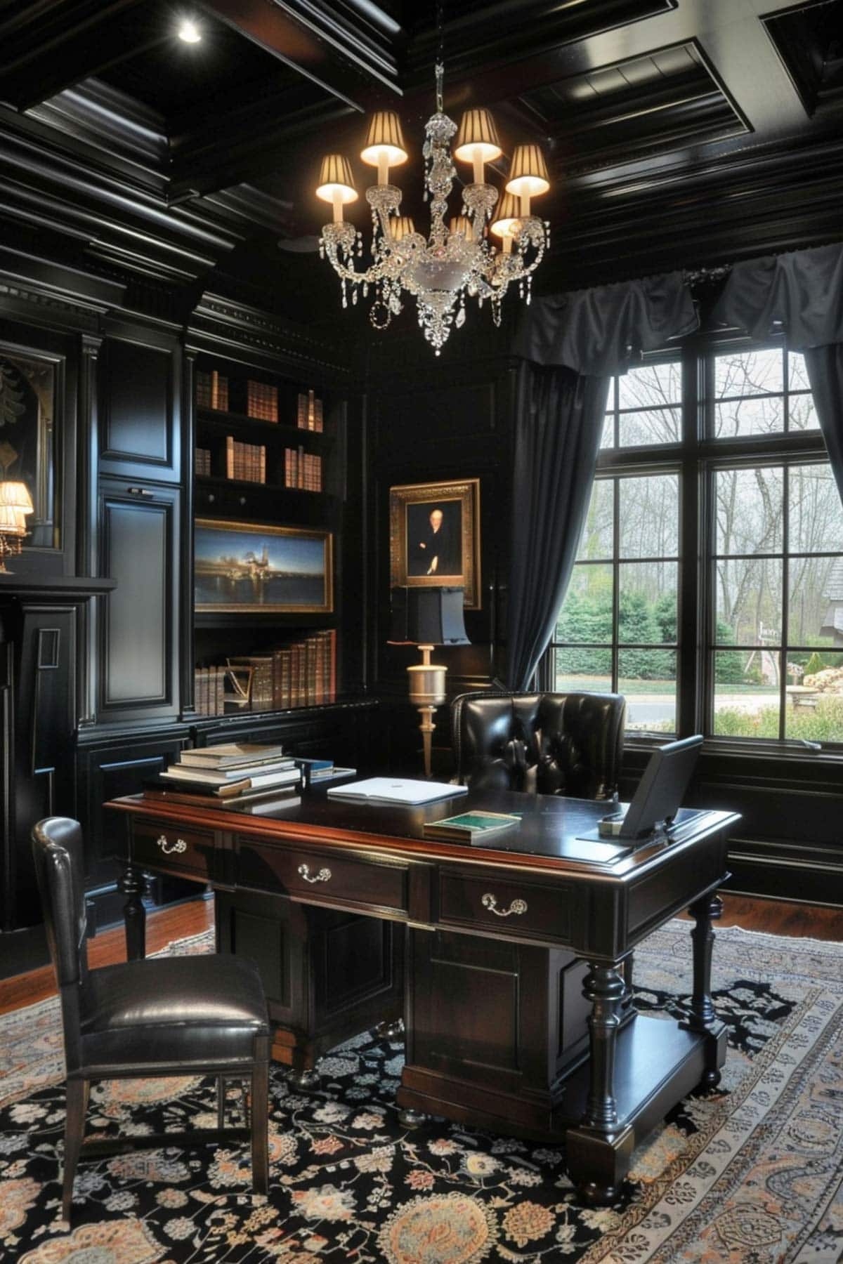 Black color drenched home office.