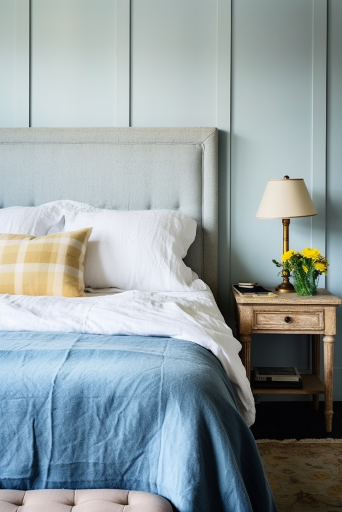 Bedroom painted in a blue color scheme with dark blue bedding and a bedside table with a bouquet of yellow flowers. 