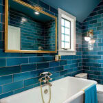 Bathroom with blue ceiling and blue subway tiles.