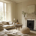 Monochromatic cream sitting room with open windows and natural light.