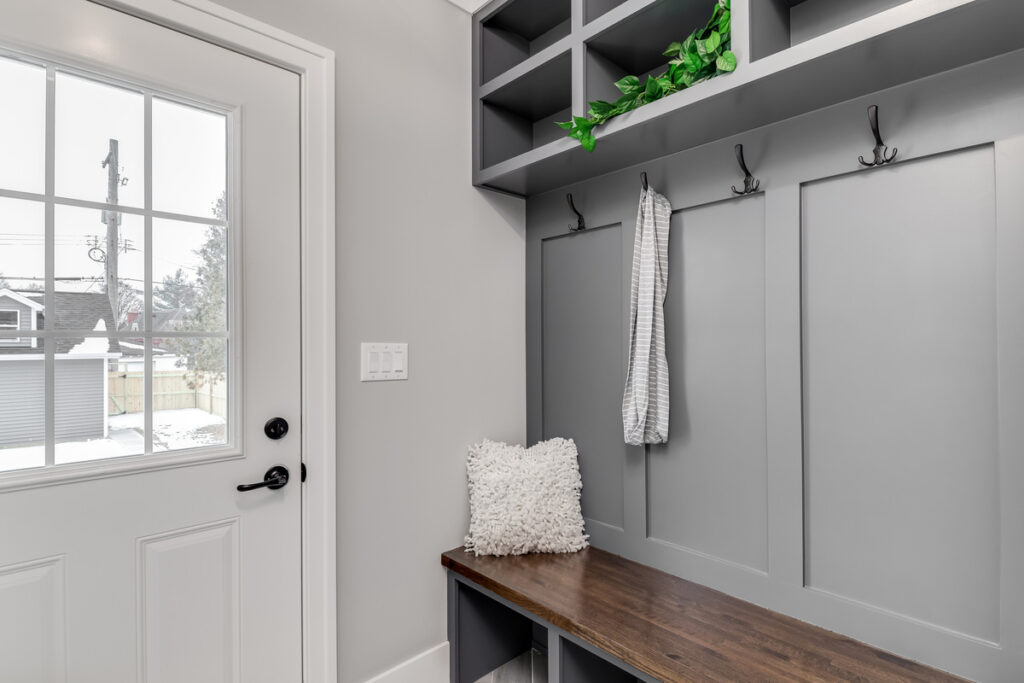 gray hall tree in a mudroom
