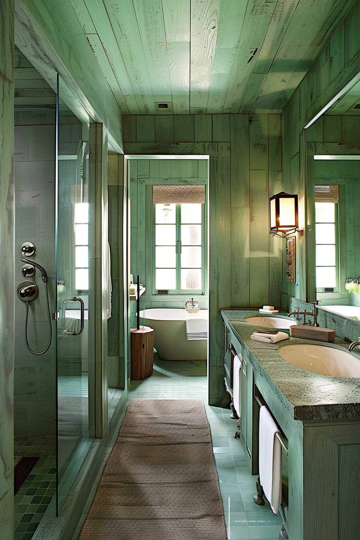 Green color drenched rustic bathroom.