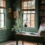 green home office color saturated walls and built ins