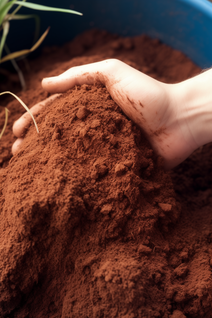 handful of coco coir in a pot