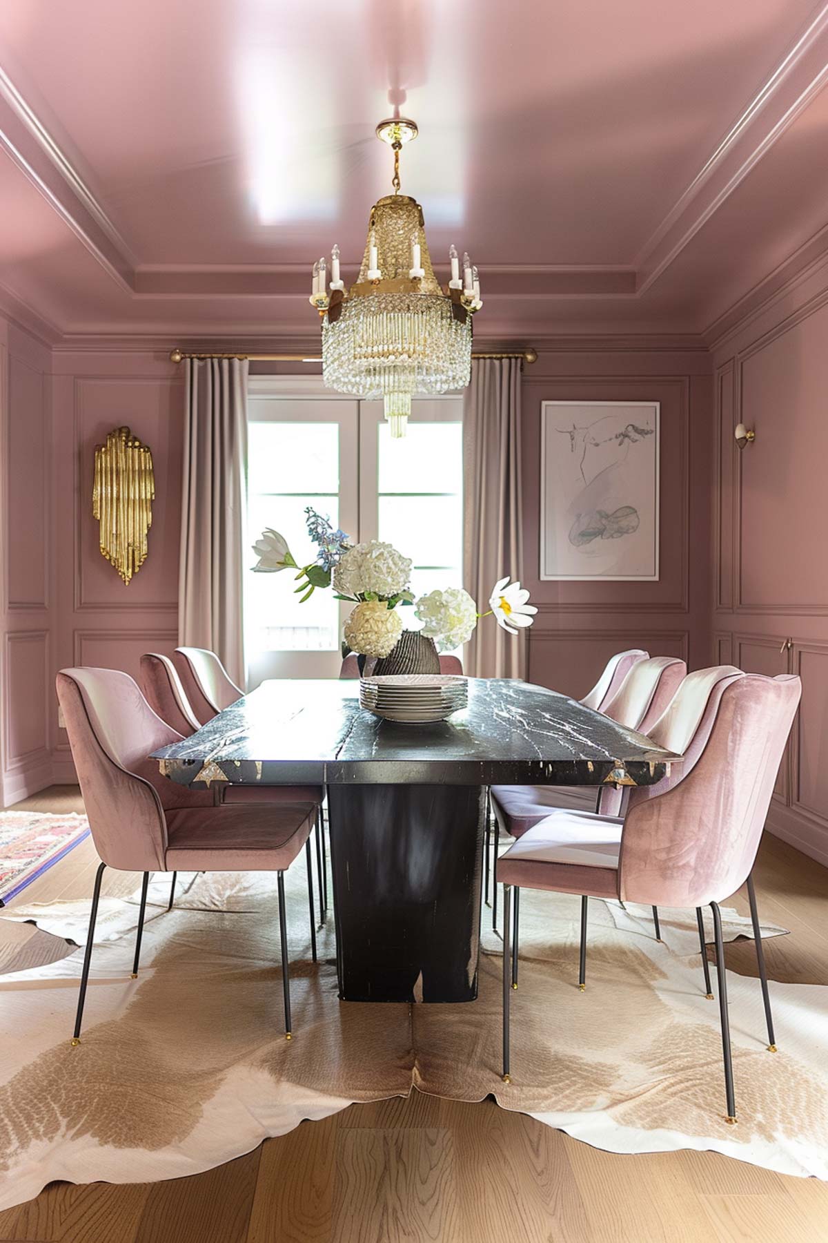 Color drenched pink muave dining room with abstract art and fresh flowers.