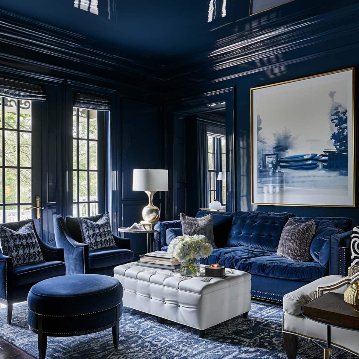 Dark navy blue color splashed living room.