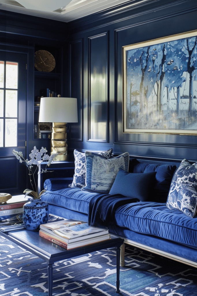 Blue painted living room with glossy navy paint on painted panneling, and a navy sofa with pillows.