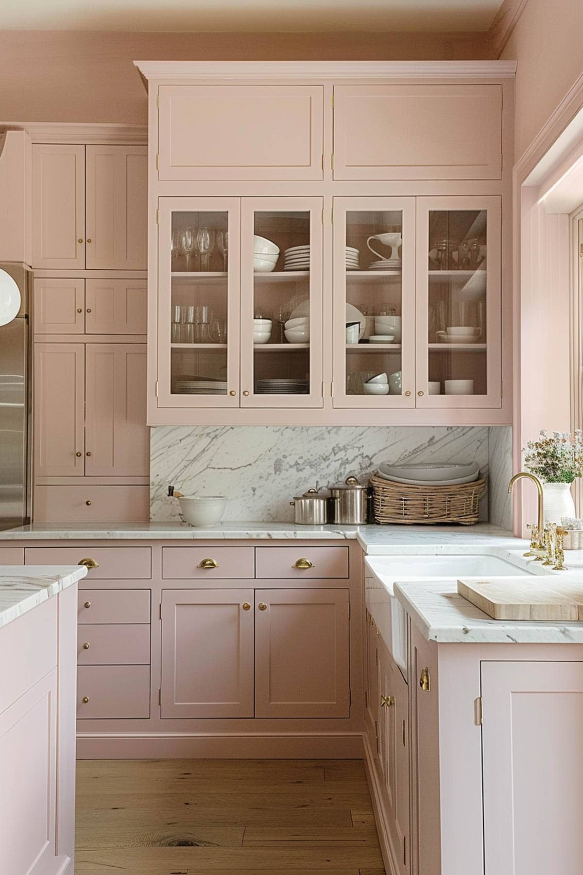 Color drenched pink kitchen with pink walls, pink ceiling, pink cabinets.