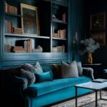 Dark teal painted living room with teal sofa.