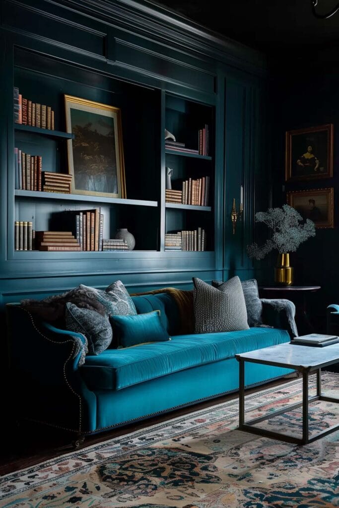 Dark teal painted living room with teal sofa.