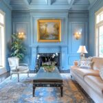 A color drenched living room painted dusty cornflower blue with monochromatic painted paneling.