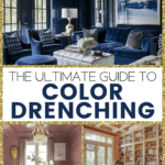 Collage of color drench rooms - navy blue on top, pink rooms on bottom.