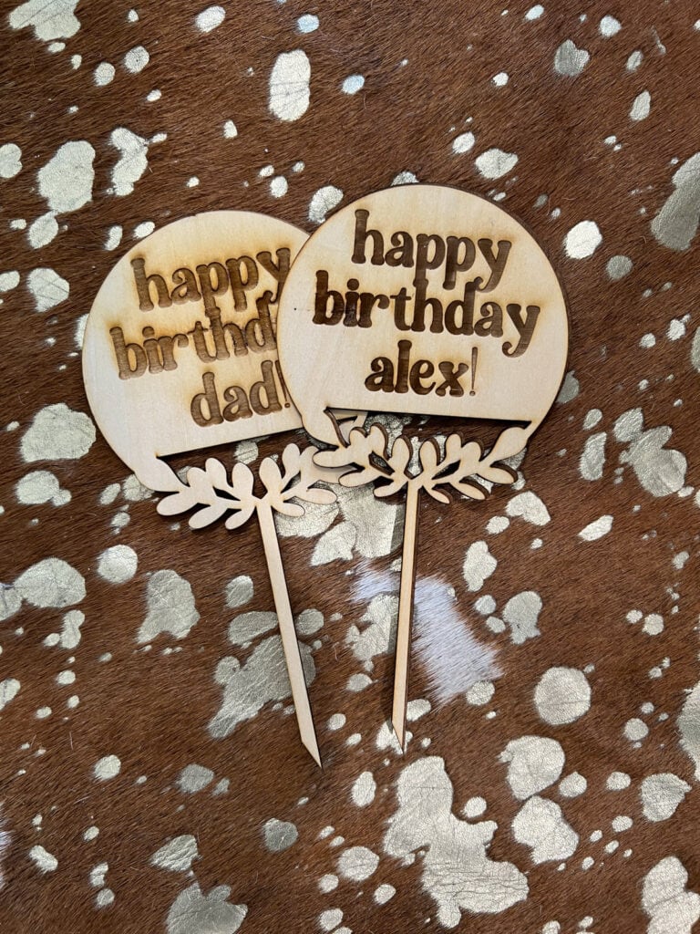 Cake toppers made with a co2 laser engraver cutter.