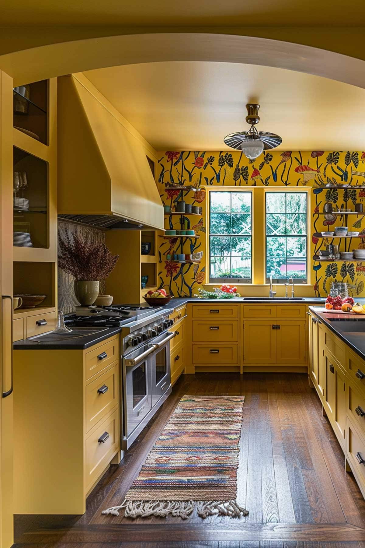 Kitchen with yellow cabinets, walls, and ceilings. The wall straight ahead has wallpaper and open shelving on either side of a window.