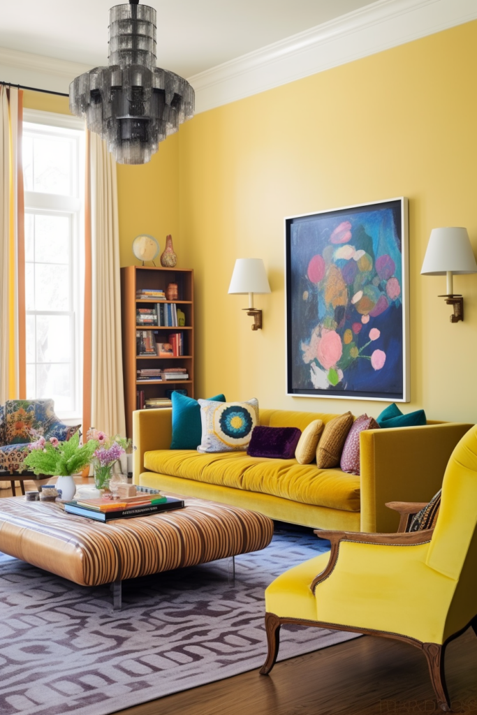Yellow living room with large-scale blue art