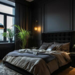 dark, cozy bedroom with bright green plant accents