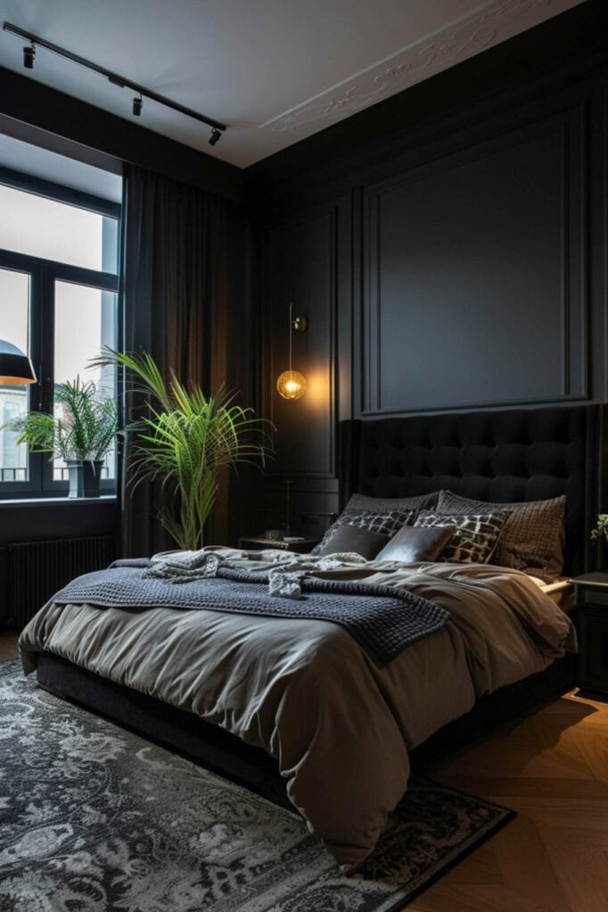 dark, cozy bedroom with bright green plant accents