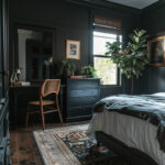 black bedroom with thrifted furniture