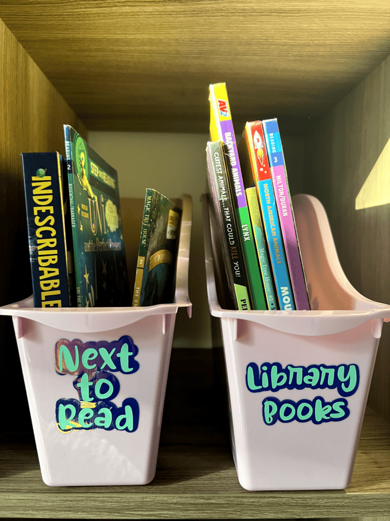 pink book bins with metalic labels that say "next to read" and "library books"