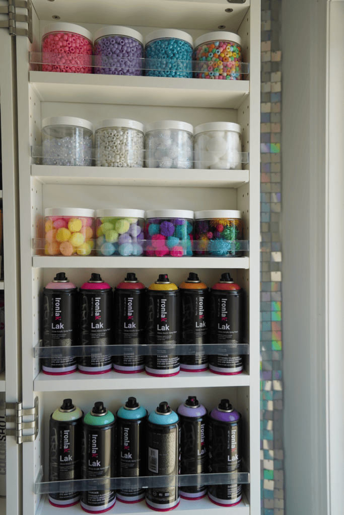 Close up of jars of beads and spray paint cans
