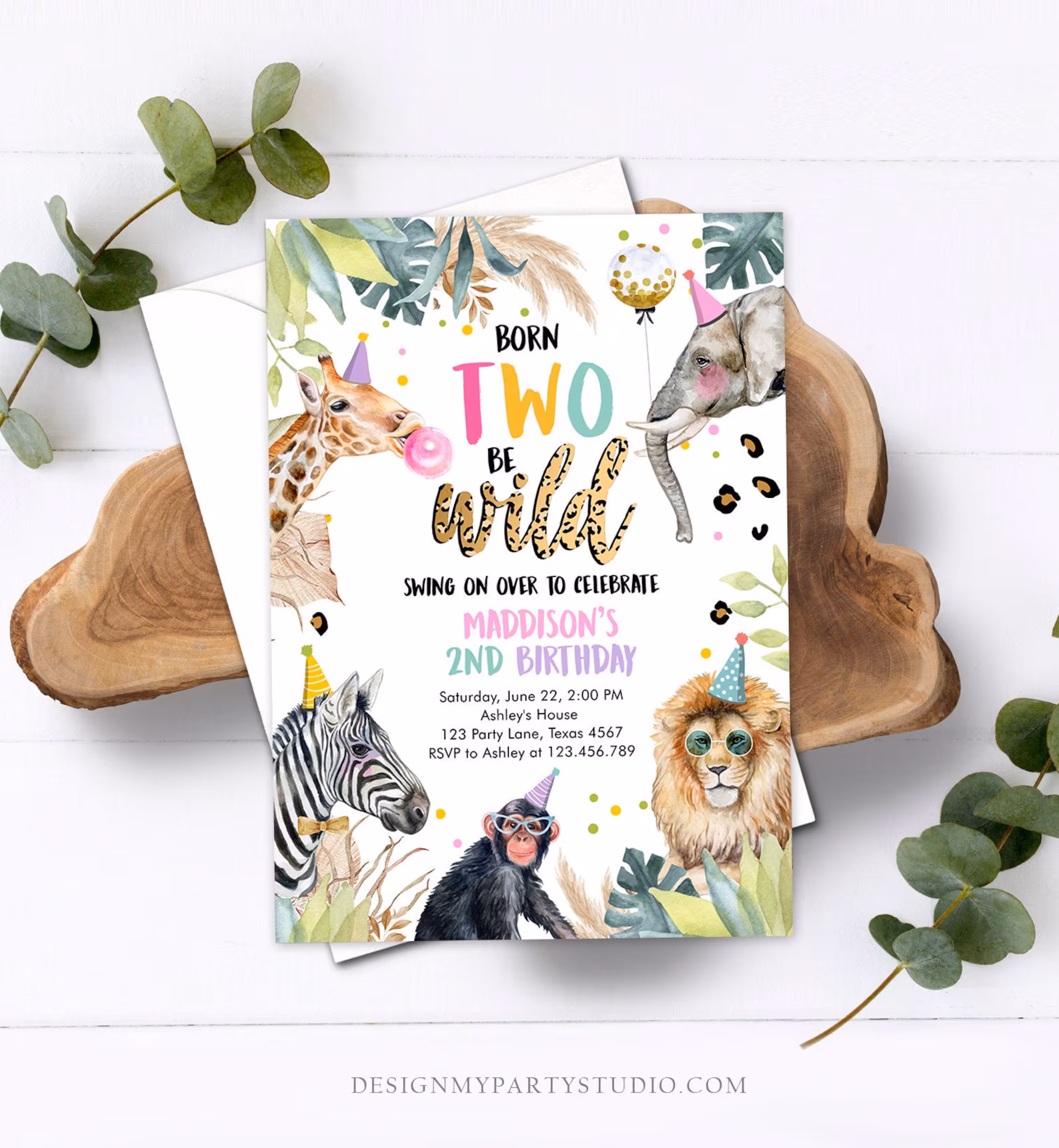 colorful TWO WILD themed invite card