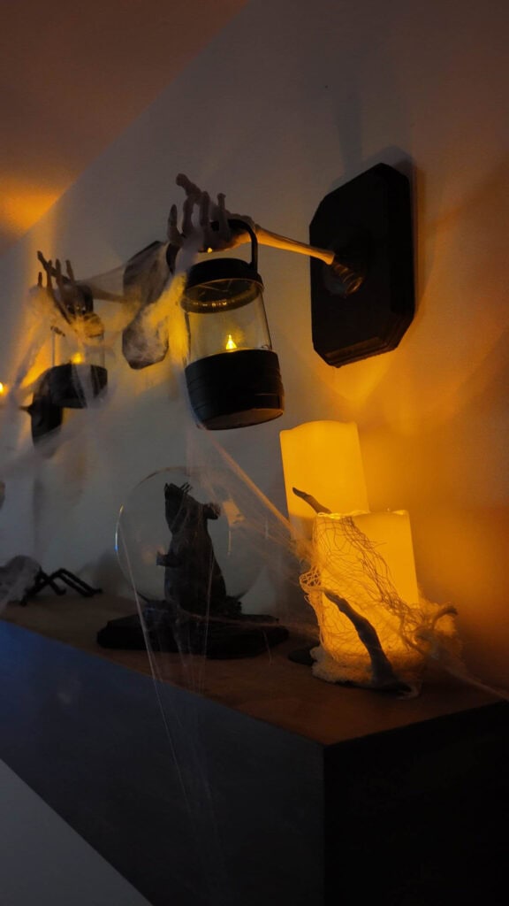 hanging DIY halloween skeleton hand lantern