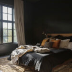 comfortable black bedroom with large windows