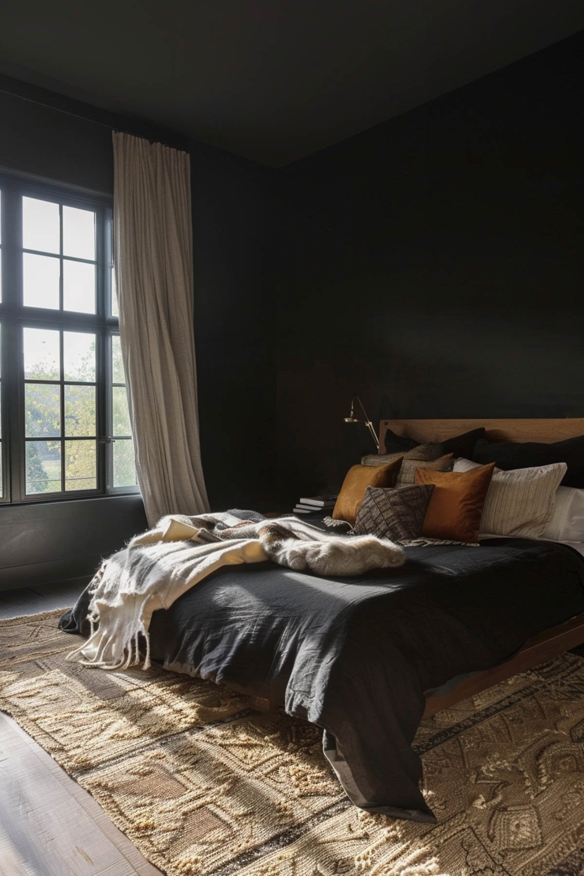comfortable black bedroom with large windows