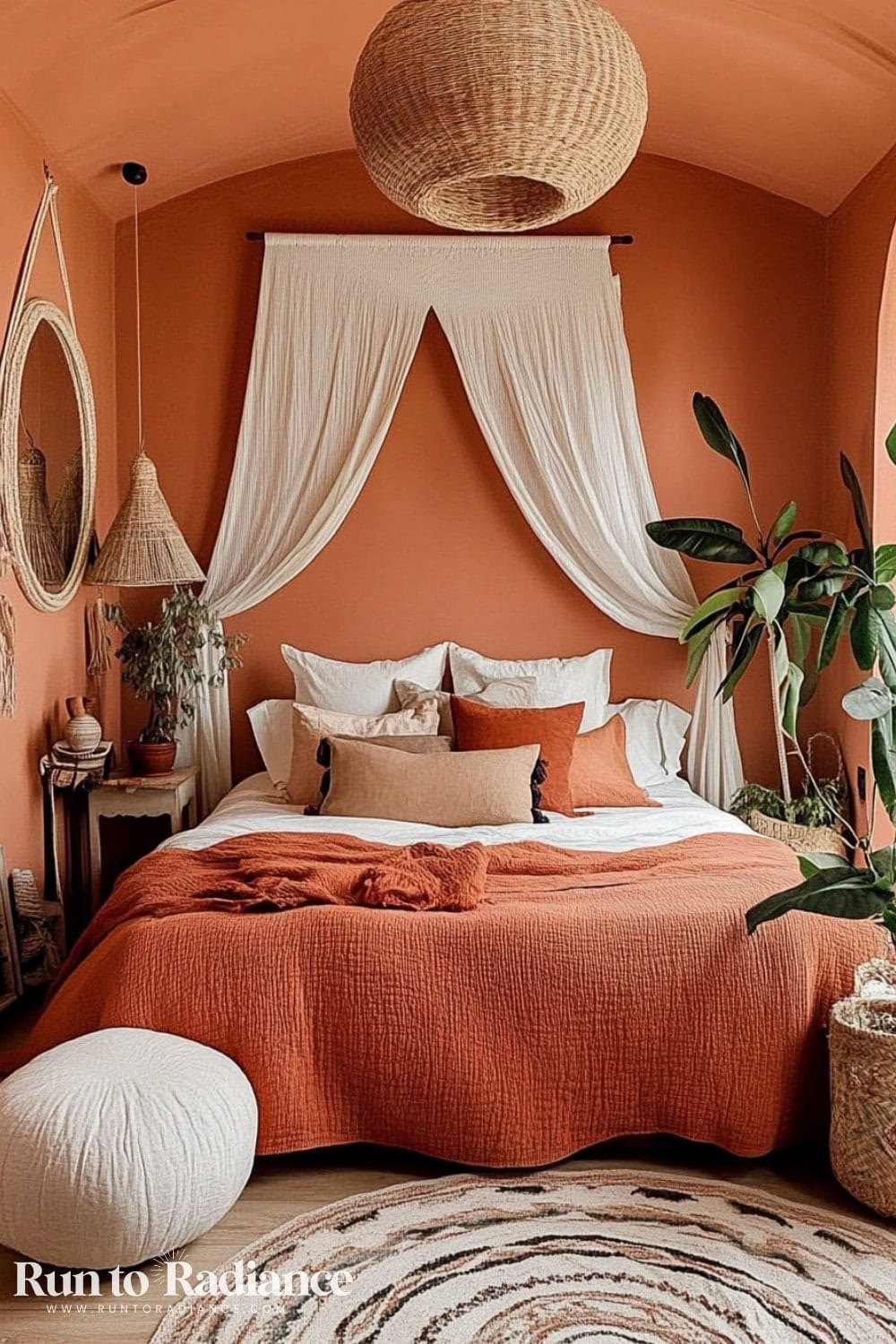 terracotta painted boho style bedroom with coordinating bedding
