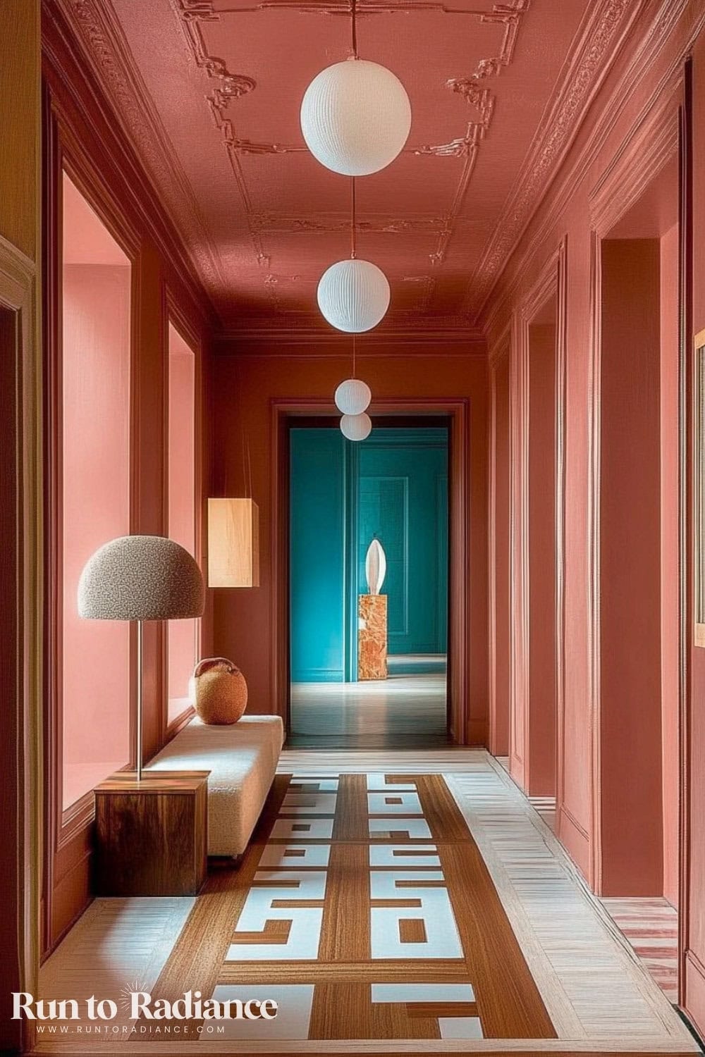 coral color drenched hallway with white round lights