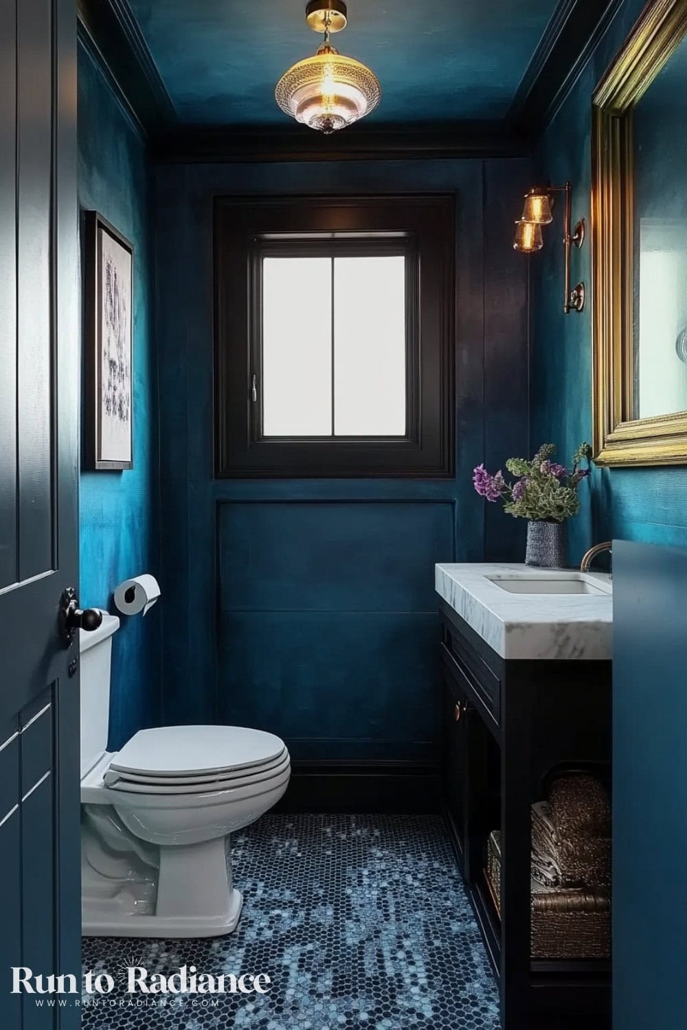 color drenched powder room with blue walls, ceiling, and tiled floor