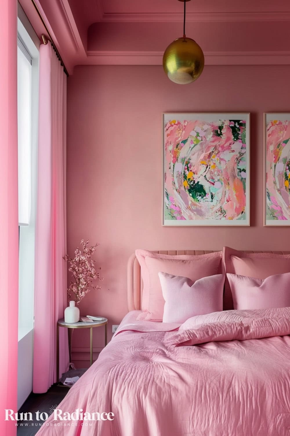 color drenching a pink bedroom with pink walls, ceiling, bedding, and curtains