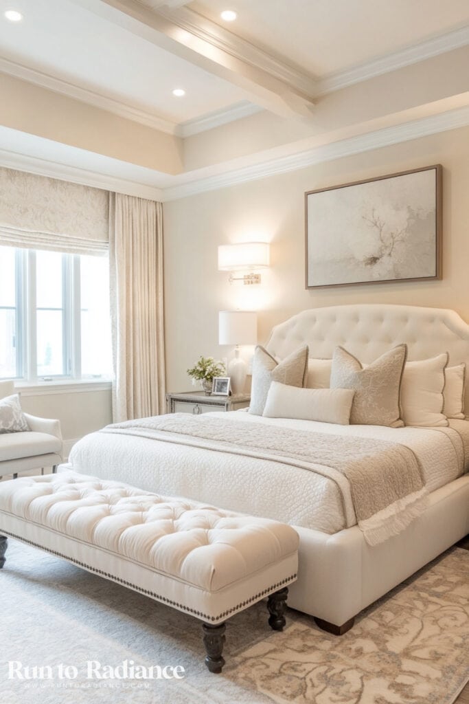 White and cream relaxing bedroom with bed, arm chair and bench in soothing cream shades.