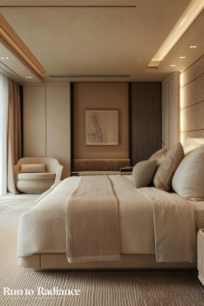 cream modern bedroom with soft textiles