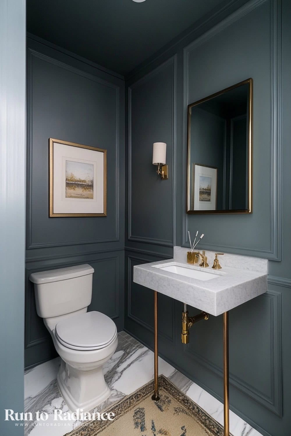 color drenched blue gray powder bathroom