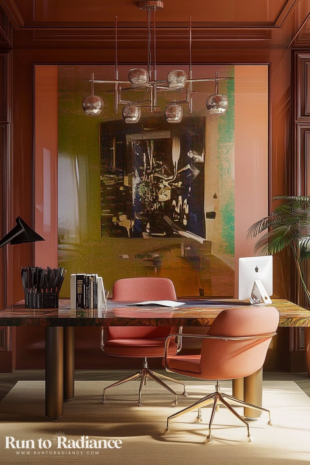warm ochre color drenched office with 2 coordinating chairs and oversized art behind desk