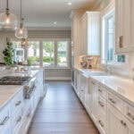 long, narrow, neutral kitchen with lots of natural light